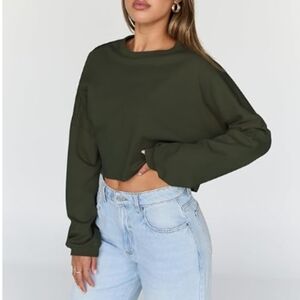 Cropped Oversized Crewneck Sweater Long Sleeve Army Green New